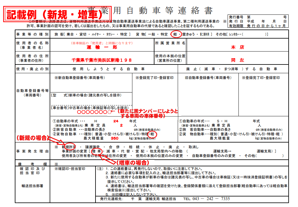 事業用自動車等連絡書　記入例